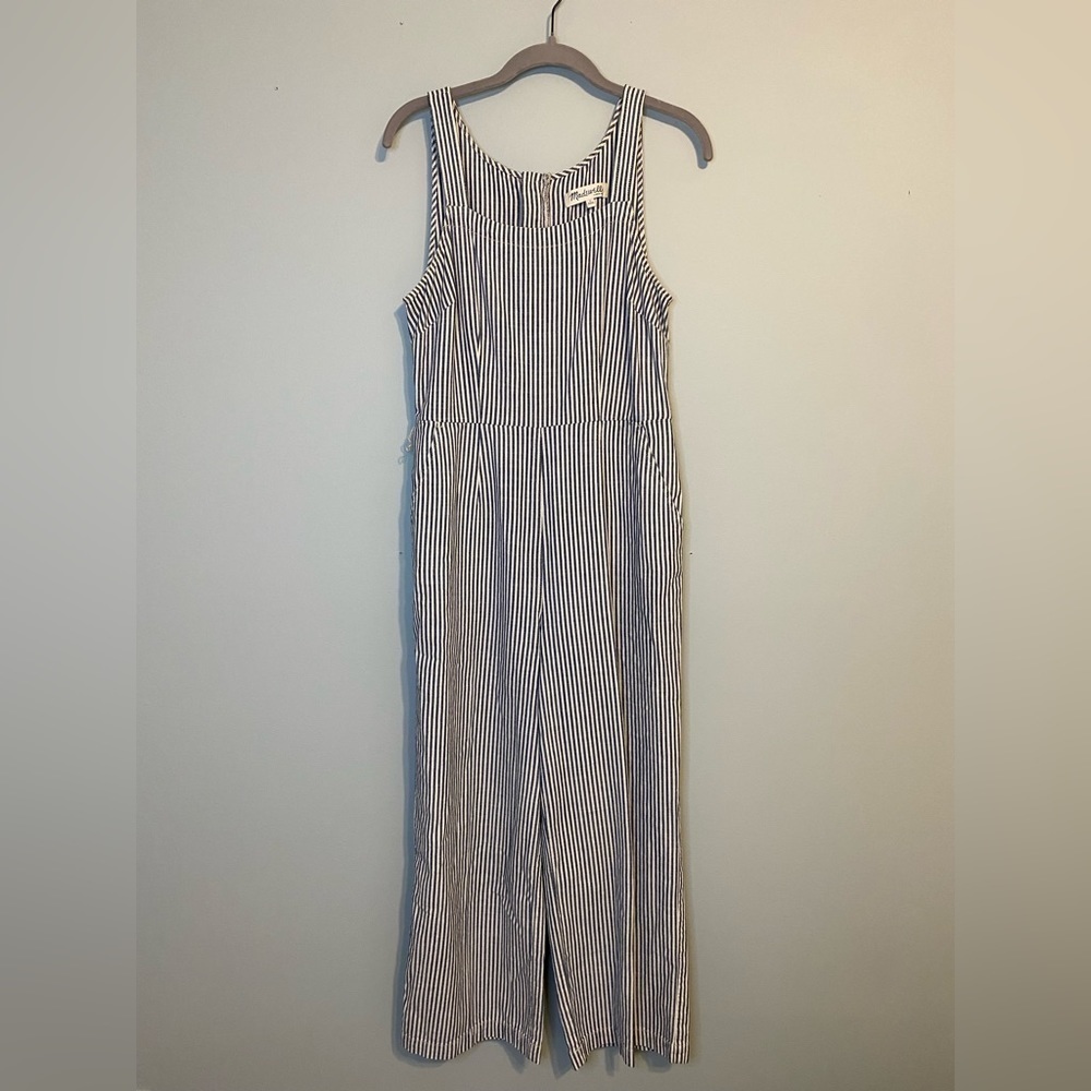 Madewell Muralist Wide Leg Striped Jumpsuit, Blue/White Railroad Stripe, Size 2